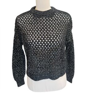 Bar III Metallic Open Knit Sweater Black Silver XXS Cropped Pullover